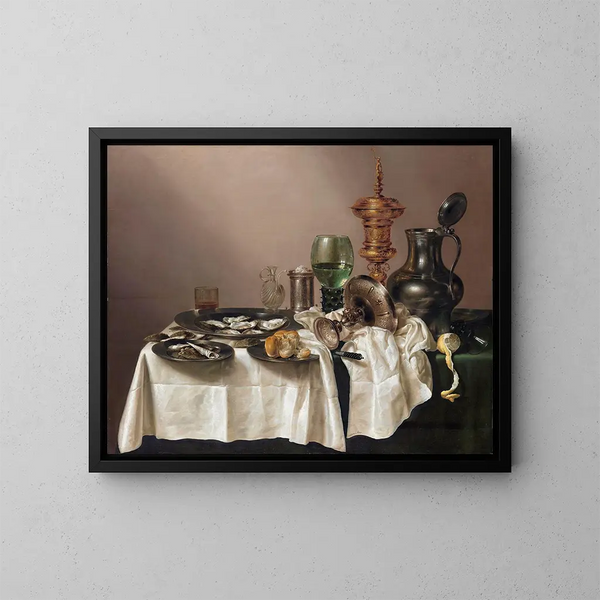 Naturstillleben mit einer goldenen Schale - Willem Claesz Heda — gerahmtes Bild an der Wand