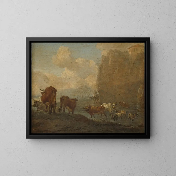 Vieh am Flussufer - Willem Romeyn — gerahmtes Bild an der Wand