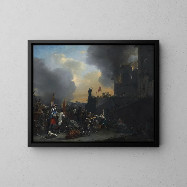 Des Soldaten plündern und brennen ein Kloster - Willem Schellinks — gerahmtes Bild an der Wand