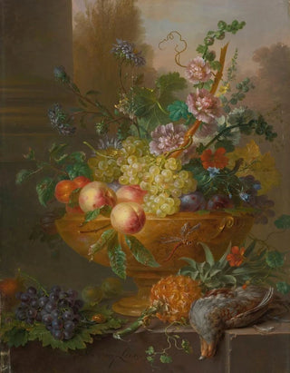 Willem van Leen - An urn filled with flowers grapes peaches plums and apricots a pineapple and a pigeon in the foreground.webp