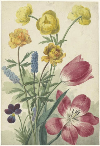 Willem van Leen - Boeket van tulpen viooltjes blauwe druifjes en dotters.webp