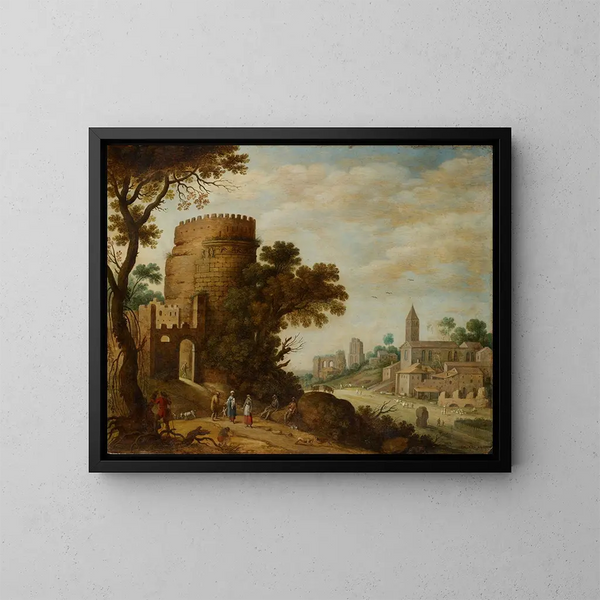 Landschaft im römischen Stil mit Hirten - Willem van Nieulandt der Jüngere — gerahmtes Bild an der Wand