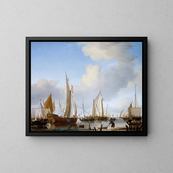 Ein ruhiges Segelboot vor der Küste mit vielen anderen Schiffen - Willem van de Velde der Jüngere — gerahmtes Bild an der Wand