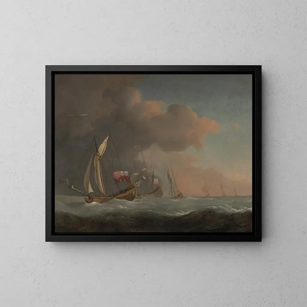 Englisches königliches Yachten-Gemälde auf See bei starkem Wind mit einem Schiff, das die königliche Flagge trägt - Willem van de Velde der Jüngere — gerahmtes Bild an der Wand