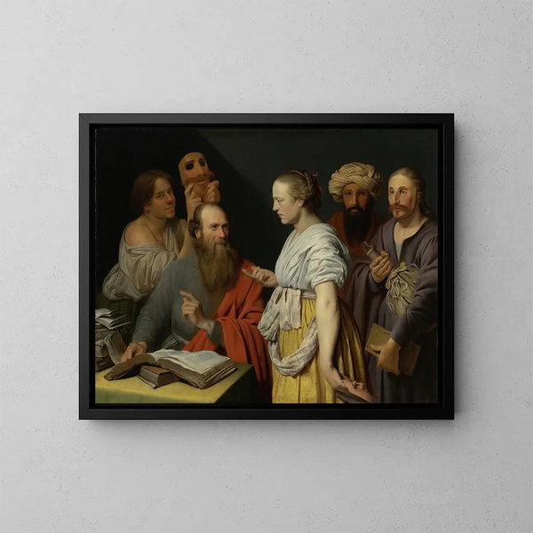 Ein Gelehrter in seinem Arbeitszimmer mit maskierten Figuren, möglicherweise eine Allegorie - Willem van der Vliet — gerahmtes Bild an der Wand