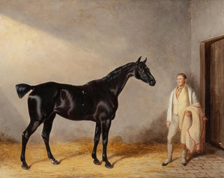 William Barraud - A dark bay hunter with a groom in a stable.webp