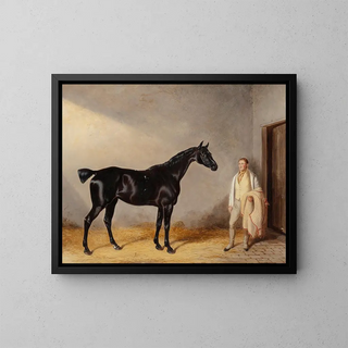 William Barraud - A dark bay hunter with a groom in a stable.webp