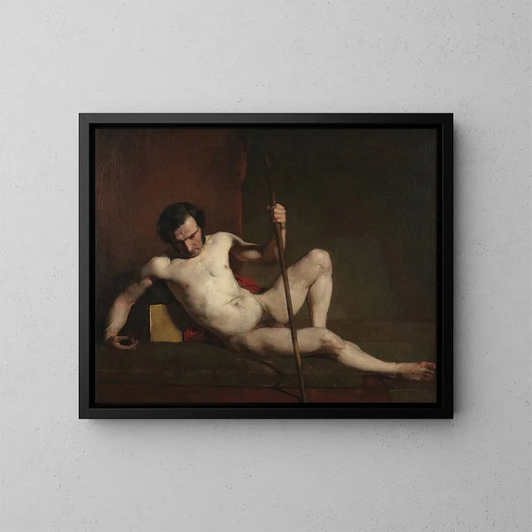 Männliches Akt-Gemälde, das auf einem Stock lehnt - William Etty — gerahmtes Bild an der Wand
