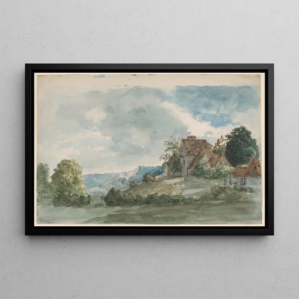 Cottages dans un paysage étendu - William Henry Hunt — gerahmtes Bild an der Wand