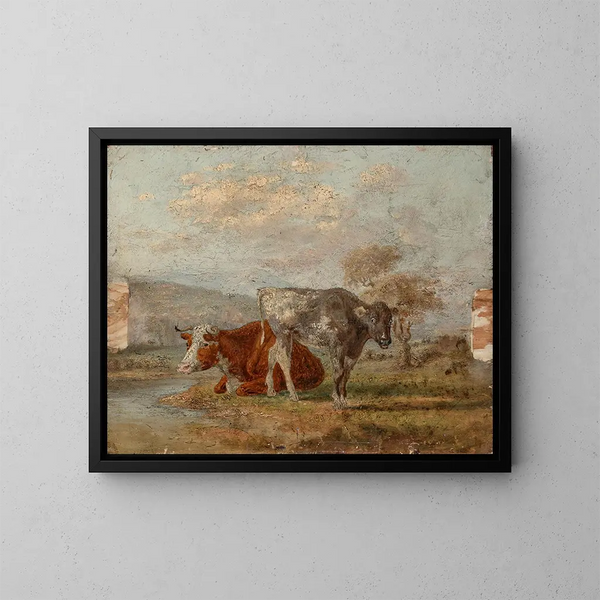 Skizze von zwei Kühen in einer Landschaft - William Huggins — gerahmtes Bild an der Wand