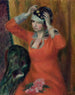 Mädchen in rotem Kleid, das seinen Hut ansteckt - William James Glackens — Ansicht des Kunstwerks