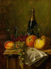Stillleben mit Früchten, Champagnerflasche und Zeitung - William Michael Harnett — Ansicht des Kunstwerks