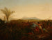 Ansicht des Mount Egmont, Taranaki, Neuseeland, aufgenommen von New Plymouth mit Maoris, die das Vieh der Siedler jagen - William Strutt — Ansicht des Kunstwerks