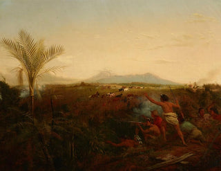 William Strutt - View of Mt Egmont Taranaki New Zealand taken from New Plymouth with Maoris driving off settlers cattle.webp