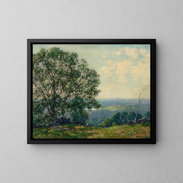 Bäume auf einem Hügel mit Blick auf ein Tal - Wilson Henry Irvine — gerahmtes Bild an der Wand
