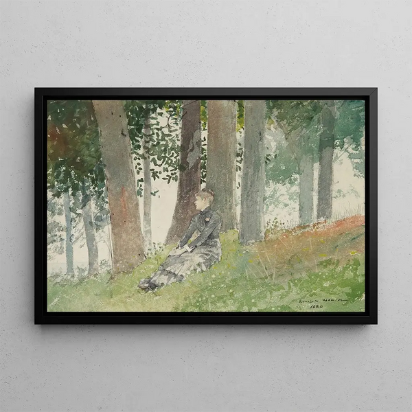 Junge Frau sitzend in einem Gehölz - Winslow Homer — gerahmtes Bild an der Wand