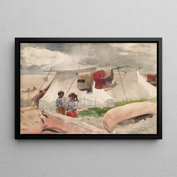 Indianisches Camp Gemälde Roberval PQ - Winslow Homer — gerahmtes Bild an der Wand