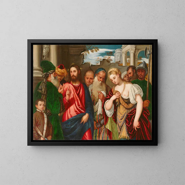 Der Christus und die Ehebrecherin - Atelier von Paolo Veronese — gerahmtes Bild an der Wand