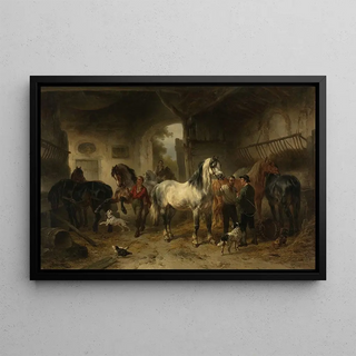 Wouterus Verschuur - Interieur van een stal met paarden en figuren.webp