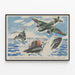 Dekoratives Luftfahrt- und Seefahrt-Poster: Blenheim-Bomber und britisches Kreuzfahrtschiff gegen deutsches U-Boot — gerahmtes Bild an der Wand
