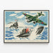 Plakat Flugzeug Blenheim und britischer Zerstörer gegen deutsches U-Boot — gerahmtes Bild an der Wand
