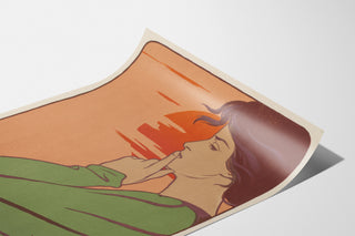 Jugendstil-Plakat – L’Heure du silence – Henri Meunier, auf gebogenem Papier gezeigt, perspektivische Ansicht.