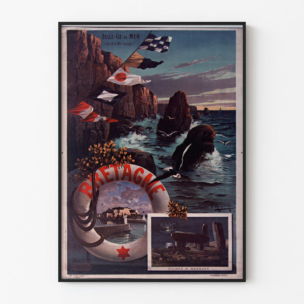 Vintage-Poster Bretagne – Belle-Île-en-Mer, Bretagne, in einem dünnen Rahmen an einer hellen Wand.