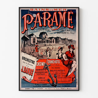 Vintage-Poster Bretagne – Paramé, Bucht von Saint-Malo, in einem feinen Rahmen an einer hellen Wand präsentiert.
