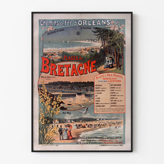 Vintage-Poster Bretagne – Strände der Bretagne, Eisenbahn, in einem schmalen Rahmen an einer hellen Wand.