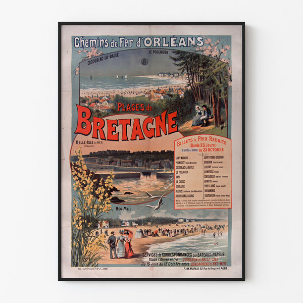Vintage-Poster Bretagne – Strände der Bretagne, Eisenbahn, in einem schmalen Rahmen an einer hellen Wand.