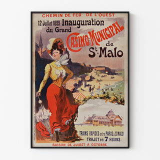 Vintage-Poster Bretagne – Saint-Malo, Eröffnung des Casinos, in einem feinen Rahmen an einer hellen Wand präsentiert.