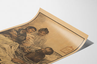Historisches Plakat – L’alcool tue – Eugène Burnand, auf einer gebogenen Papierseite präsentiert, perspektivisch gesehen.