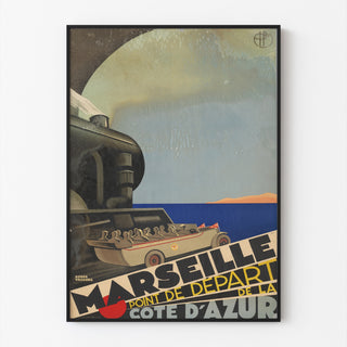 Vintage-Plakat Marseille – Côte d’Azur – Roger Broders, in einem schmalen Rahmen an einer hellen Wand.