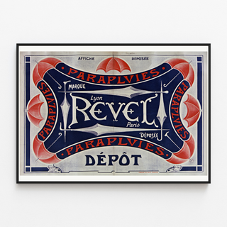 Regenschirme-Revel-Plakat — eingetragene Marke, Lyon, Paris, in einem schmalen Rahmen an einer hellen Wand.