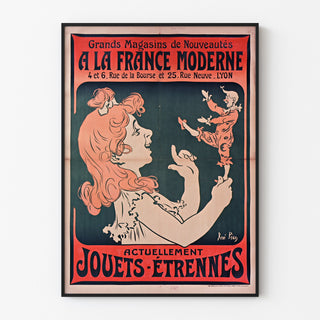 Vintage-Werbeplakat «À la France moderne, Lyon», in einem schlanken Rahmen an einer hellen Wand präsentiert.