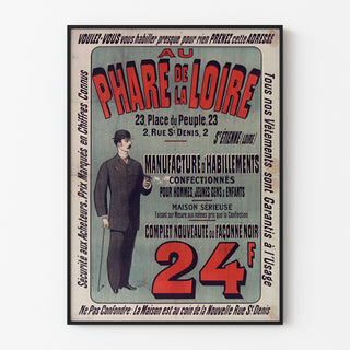 Vintage-Werbeplakat Au Phare de la Loire, Bekleidung, in einem schmalen Rahmen an einer hellen Wand.