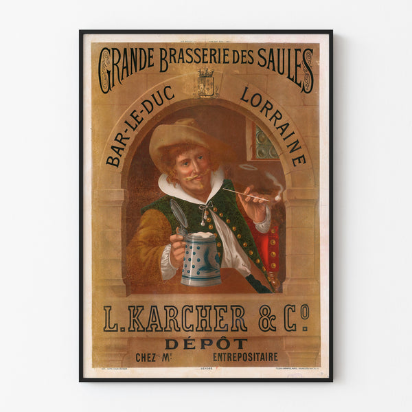 Vintage-Werbeplakat Brasserie des Saules, Bar-le-Duc, in einem dünnen Rahmen an einer hellen Wand.