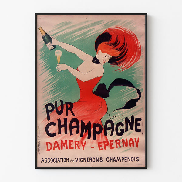 Vintage-Werbeplakat Champagne Damery-Épernay, in einem dünnen Rahmen an einer hellen Wand.
