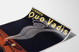 Vintage-Werbeplakat Zigarren Quo Vadis, auf gebogenem Papier gezeigt, perspektivische Ansicht.