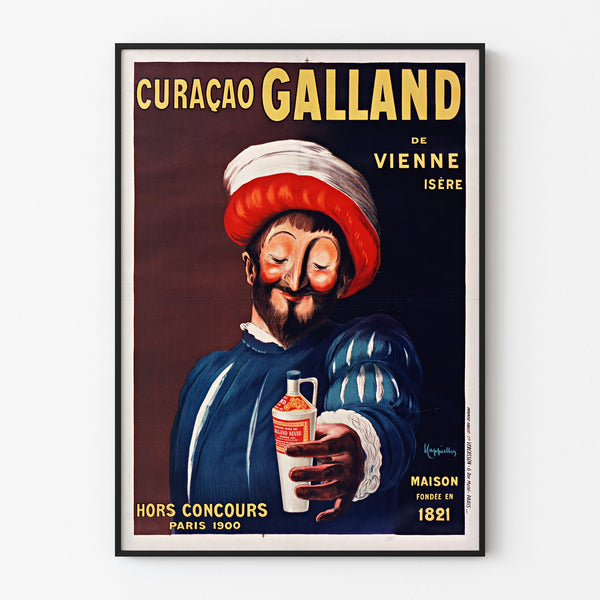 Vintage-Werbeplakat Curaçao Galland, in einem schmalen Rahmen an einer hellen Wand präsentiert.