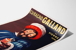 Vintage-Werbeplakat Curaçao Galland, auf gebogenem Papier gezeigt, perspektivische Ansicht.