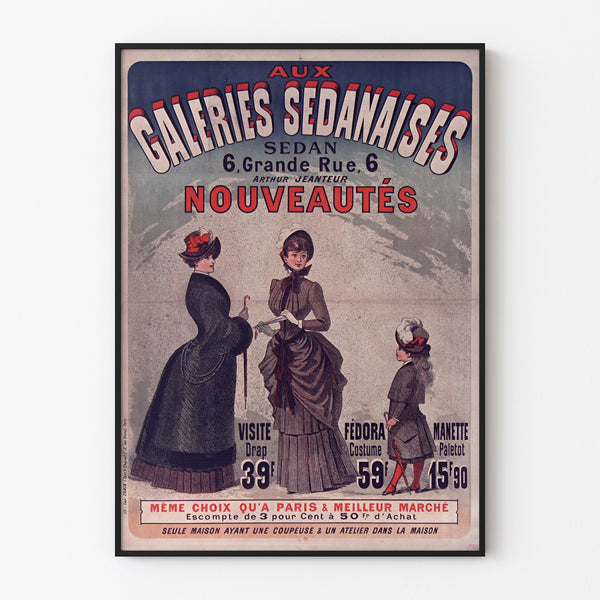 Vintage-Werbeplakat "Galeries sedanaises, Neuheiten", in einem schmalen Rahmen an einer hellen Wand.