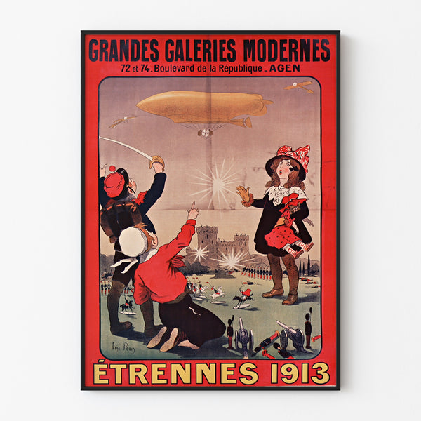 Vintage-Werbeplakat Grandes Galeries modernes, Agen, in einem schmalen Rahmen an einer hellen Wand.