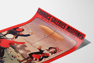 Vintage-Werbeplakat Grandes Galeries modernes, Agen, auf einer gebogenen Bogenfläche präsentiert, perspektivische Ansicht.