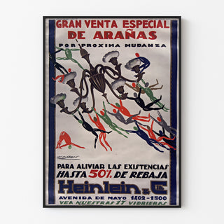 Vintage-Werbeplakat Heinlein, Kronleuchter, in einem dünnen Rahmen an einer hellen Wand.
