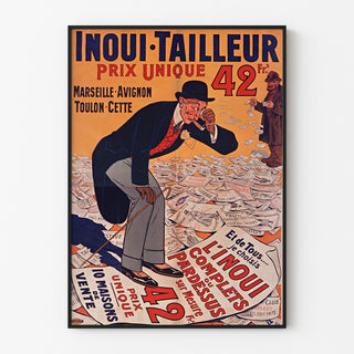 Vintage-Werbeplakat Inoui-Tailleur, in einem dünnen Rahmen an einer hellen Wand.