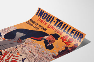 Werbeplakat Vintage Inoui-Tailleur, als leicht gewölbtes Blatt in Perspektive präsentiert.