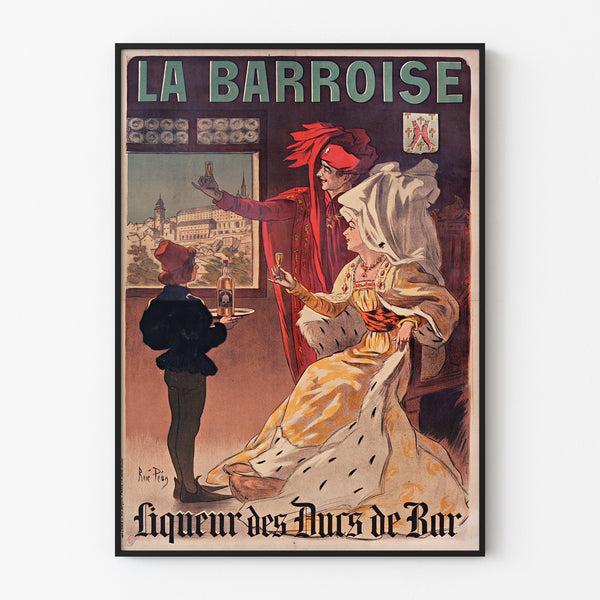 Vintage-Werbeplakat La Barroise, in einem dünnen Rahmen an einer hellen Wand.