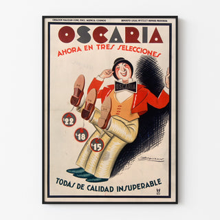 Vintage-Werbeplakat Oscaria, Schuhe, in einem feinen Rahmen an einer hellen Wand präsentiert.