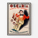 Vintage-Werbeplakat Oscaria, Schuhe, in einem feinen Rahmen an einer hellen Wand präsentiert.